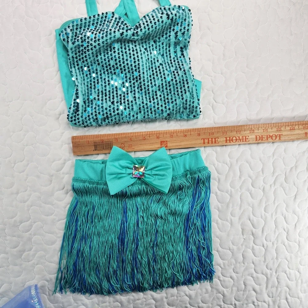 XSC Girls Weissman Dance Costume SET Teal Blue Fringe Tutu Leotard NEW $90